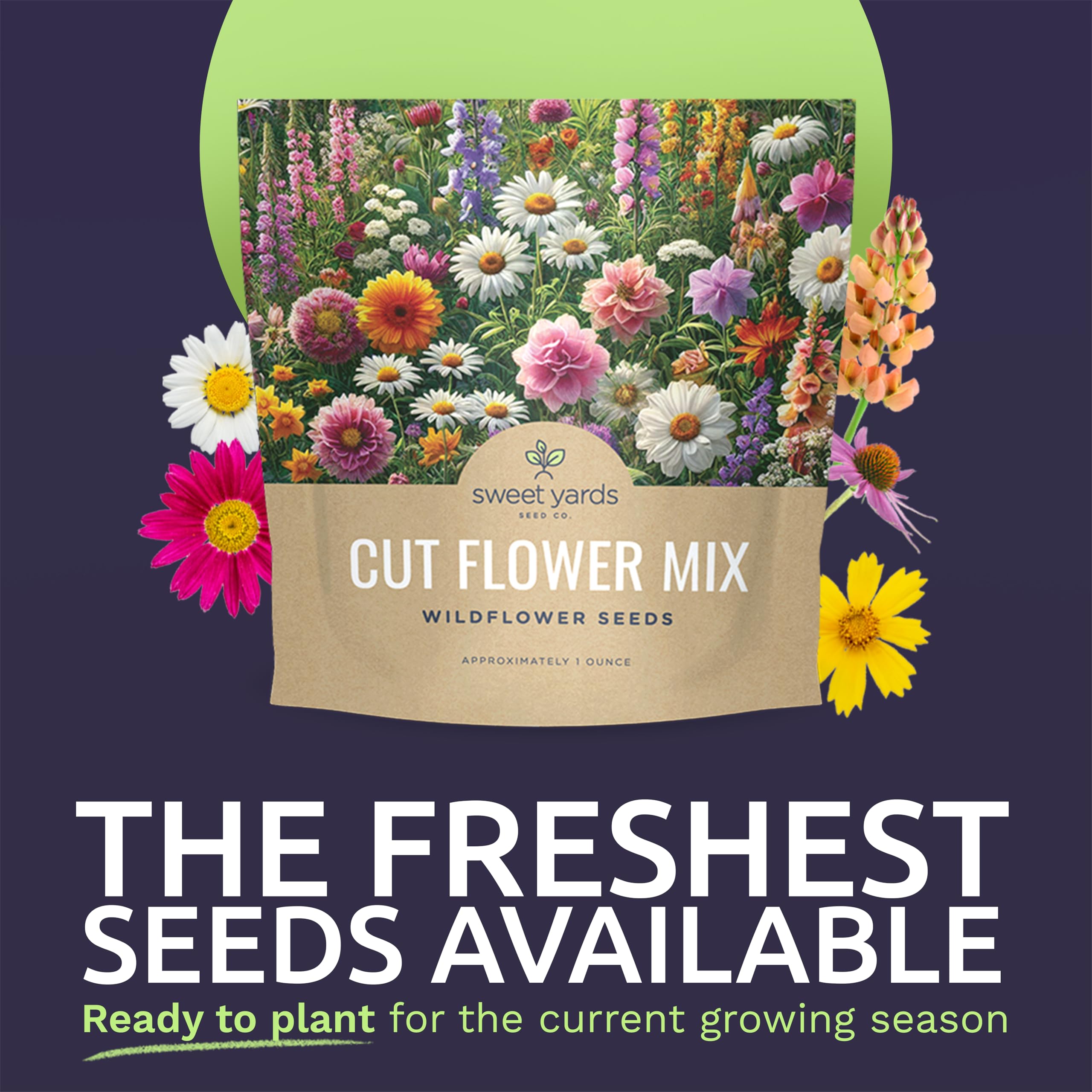 Sweet Yards cut flower seeds packet back with storage tips for easy planting.