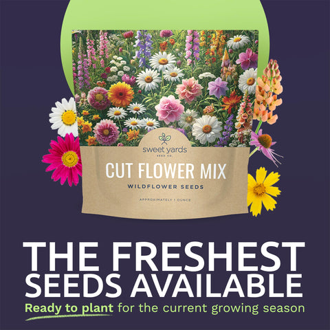 Sweet Yards cut flower seeds packet back with storage tips for easy planting.