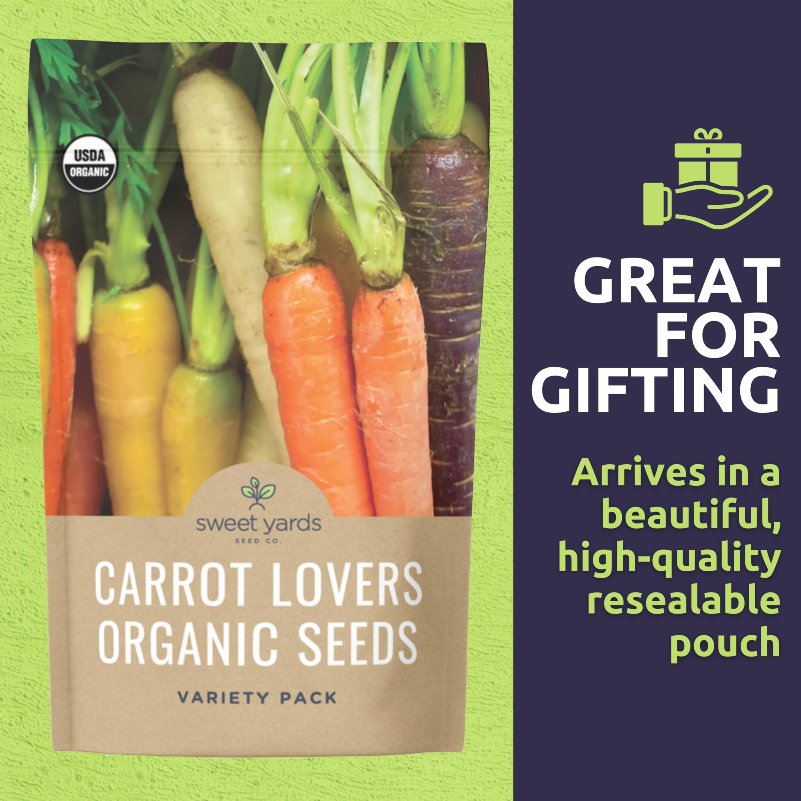 Sweet Yards Dragon carrot seeds yielding bold, ornamental roots for eye-catching dishes.