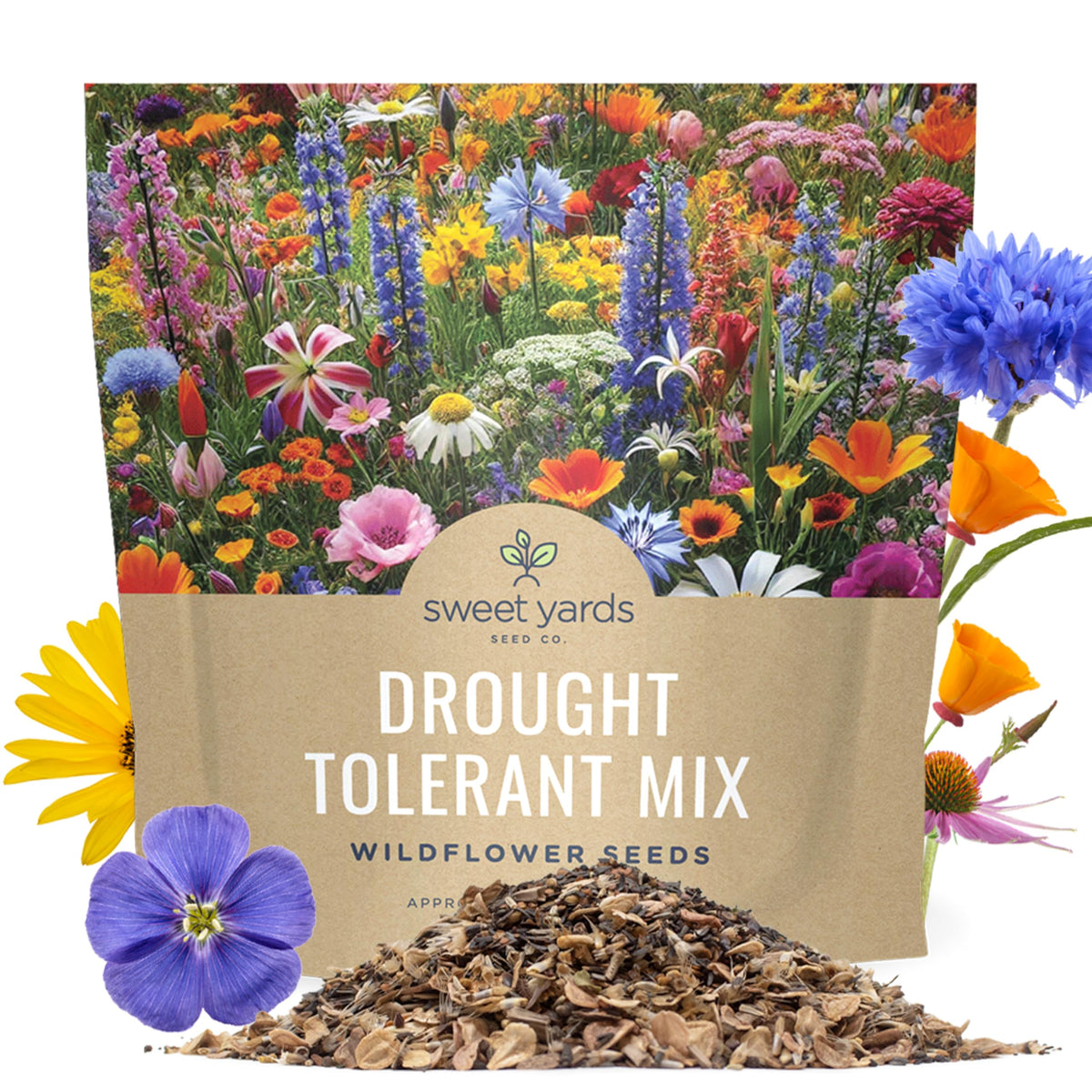 Sweet Yards drought-tolerant wildflowers seed packet for low-water gardens