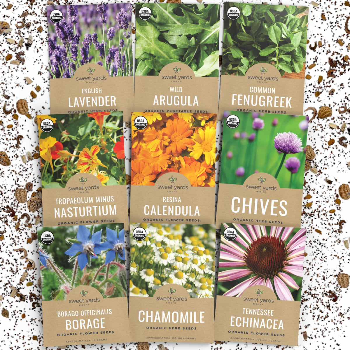 Sweet Yards edible flower seed pack front view, garden-ready packaging.