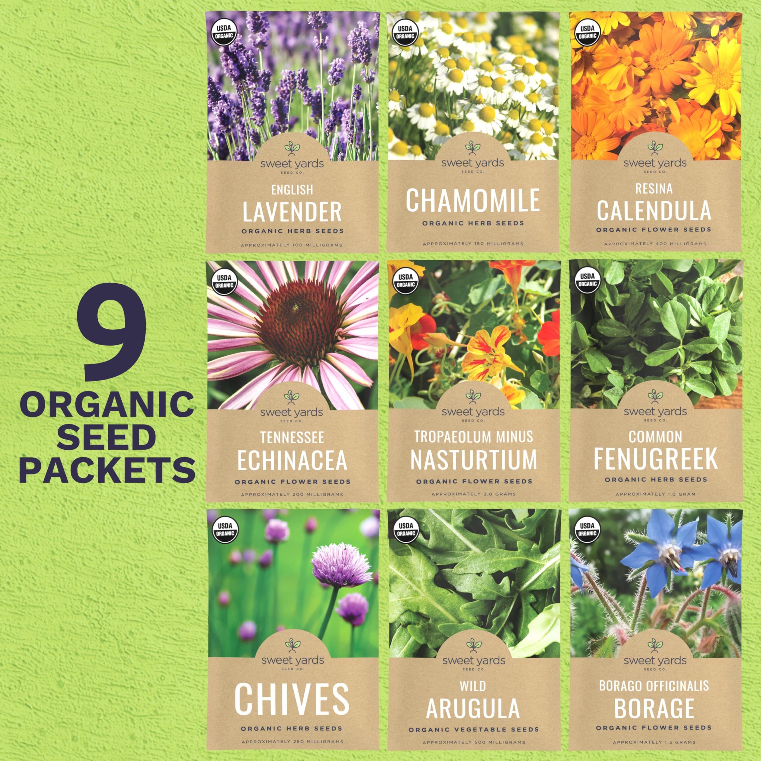 Sweet Yards nine-pack seed packets laid out for quick selection and planting.