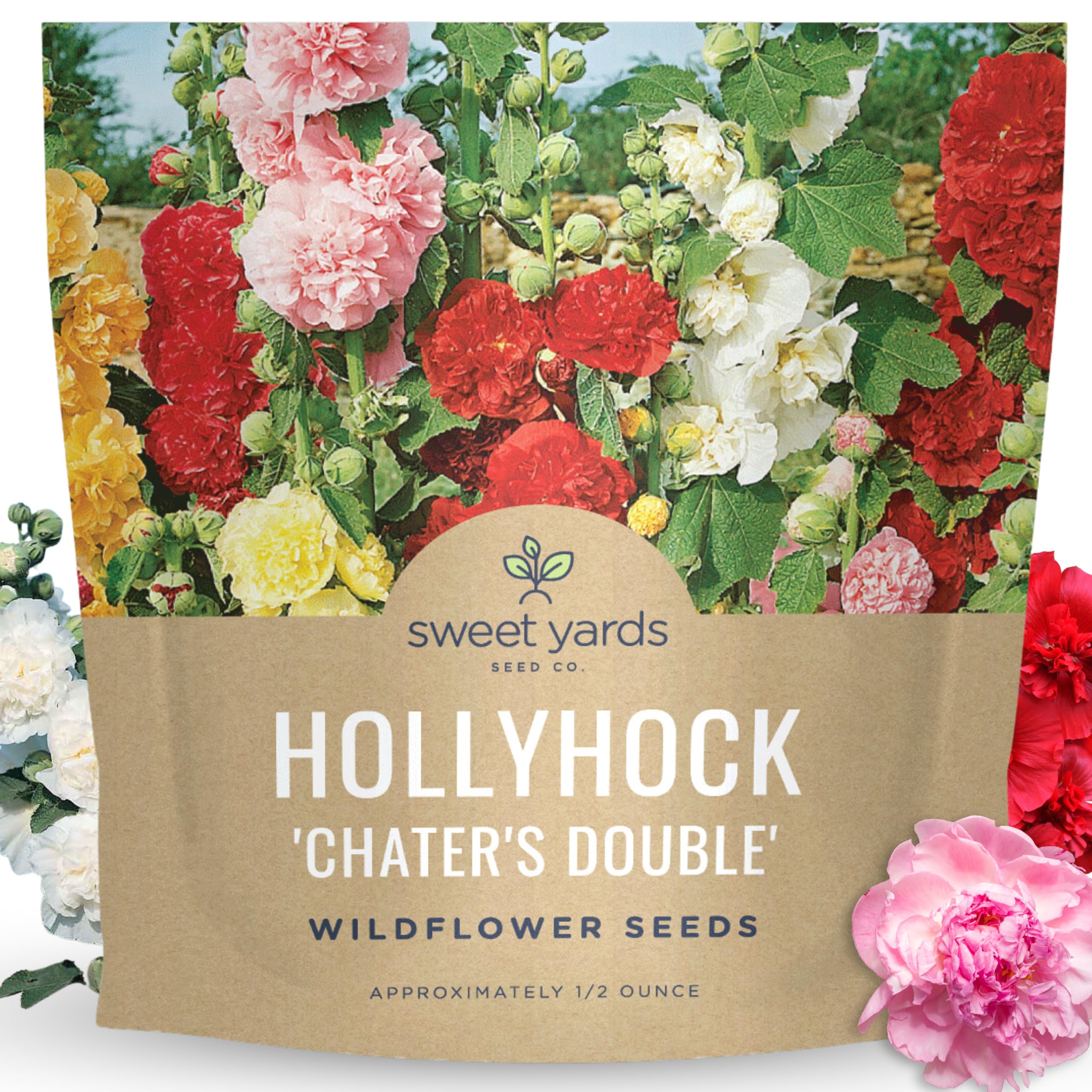 Sweet Yards Hollyhock Chater's Double Mix seeds pack for a generous planting start.