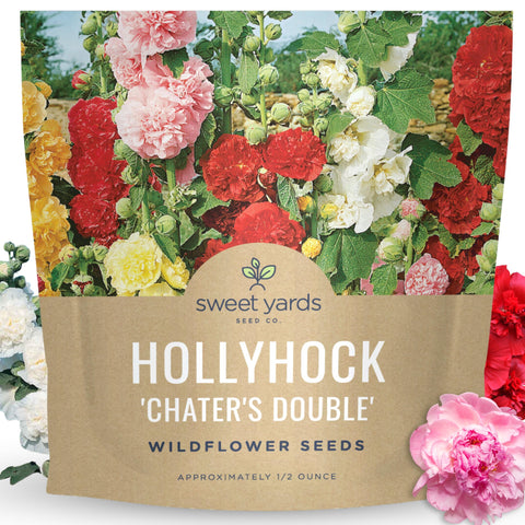 Sweet Yards Hollyhock Chater's Double Mix seeds pack for a generous planting start.