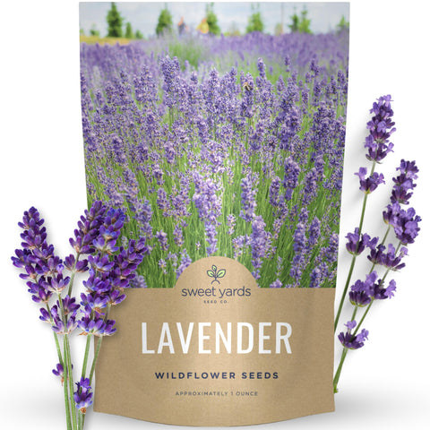 Sweet Yards lavender seeds in a 1-ounce pouch ready for sunny bed sowing to attract pollinators.