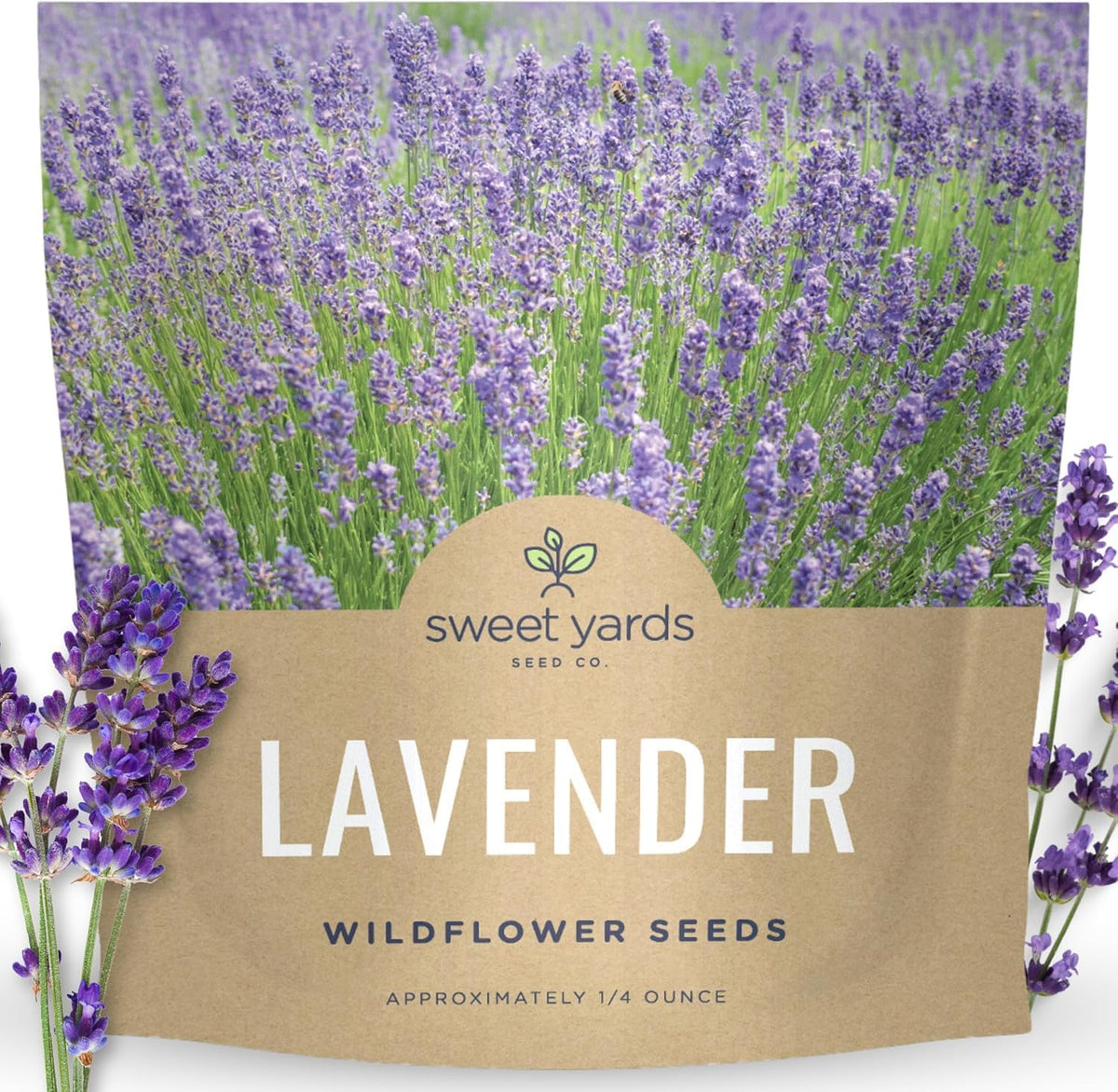 Sweet Yards lavender seeds packet closeup for pollinator-friendly borders.