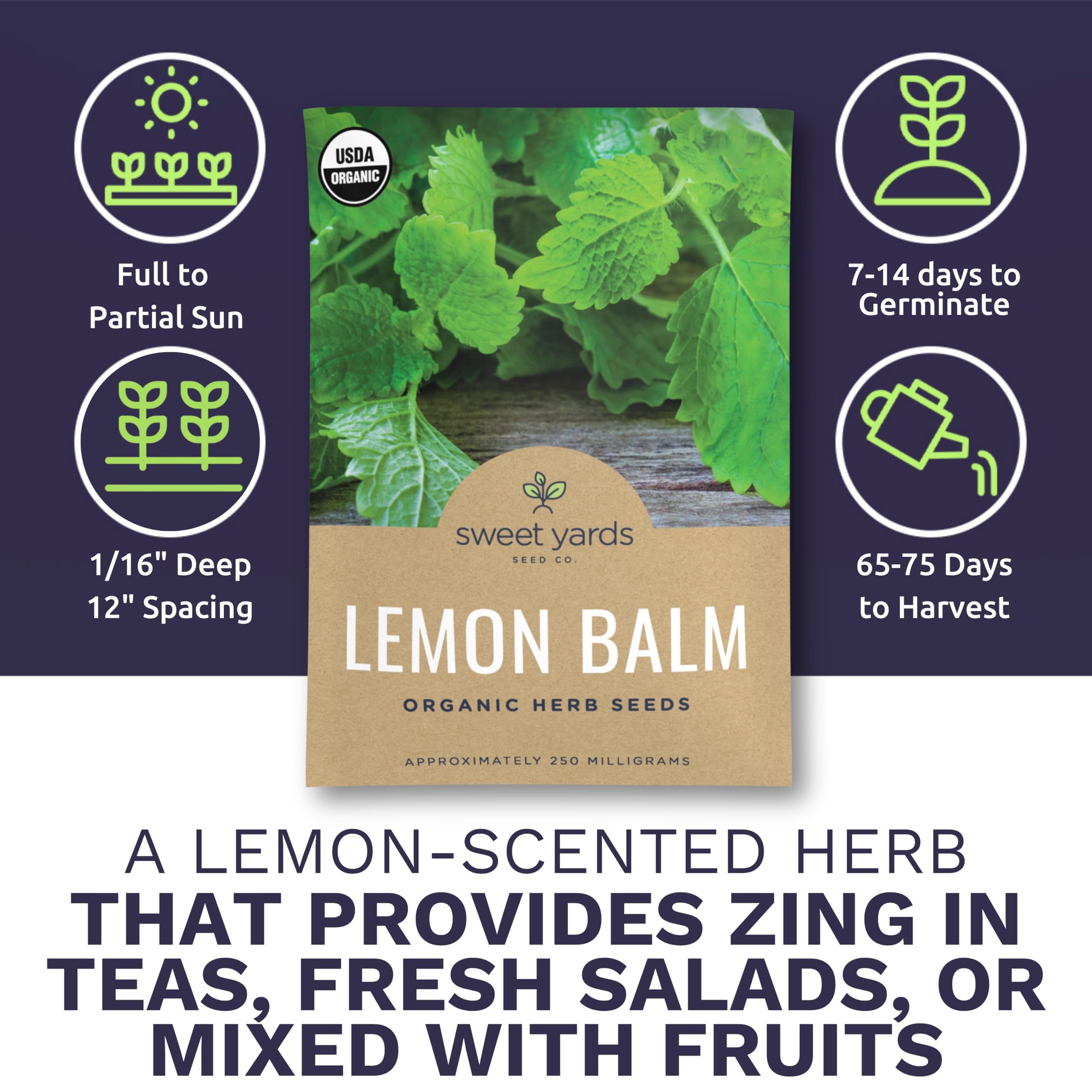 Sweet Yards Lemon Balm seeds pack back with clear planting instructions.