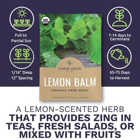 Sweet Yards Lemon Balm seeds pack back with clear planting instructions.