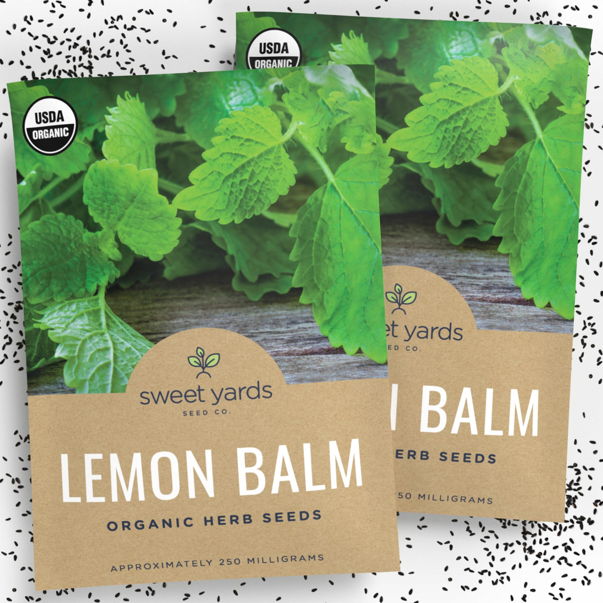 Sweet Yards Lemon Balm seeds pack front view for easy spring planting.