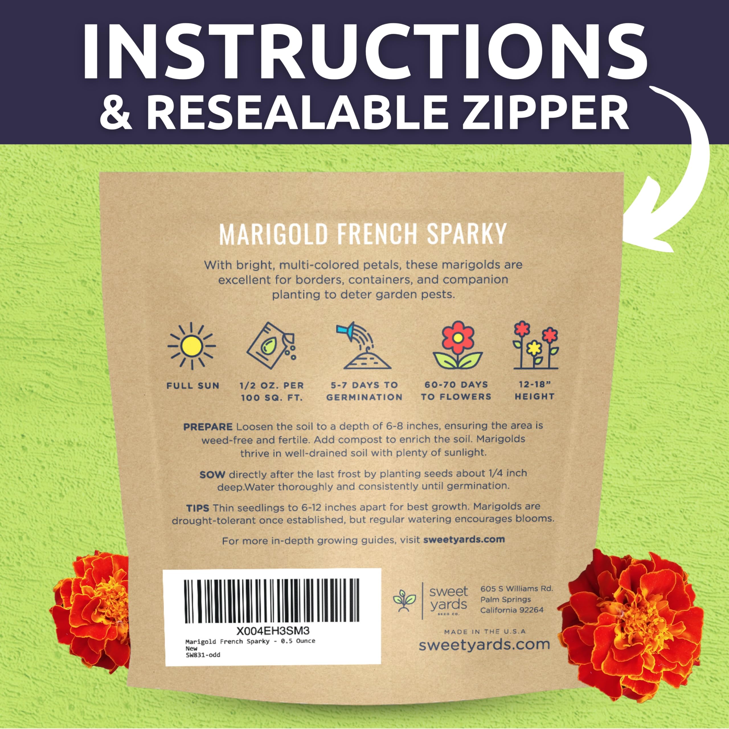 Sweet Yards Marigold Sparky container display with vibrant blooms