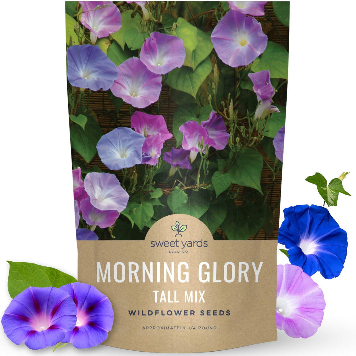 Sweet Yards Morning Glory Tall Mix seeds in a 4-ounce pouch for quick vertical color.
