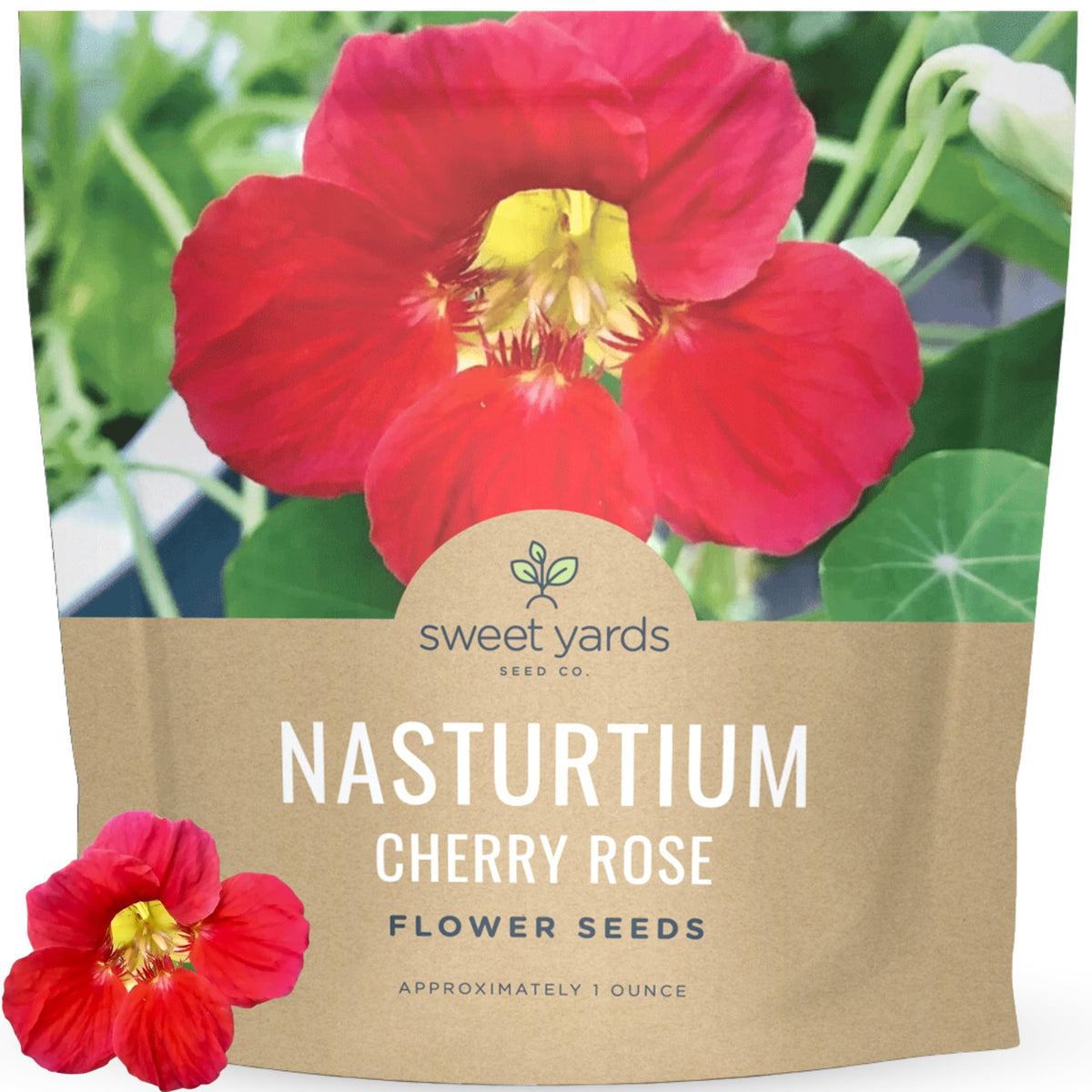 Sweet Yards Nasturtium Cherry Rose seeds pack ready for sowing to brighten borders