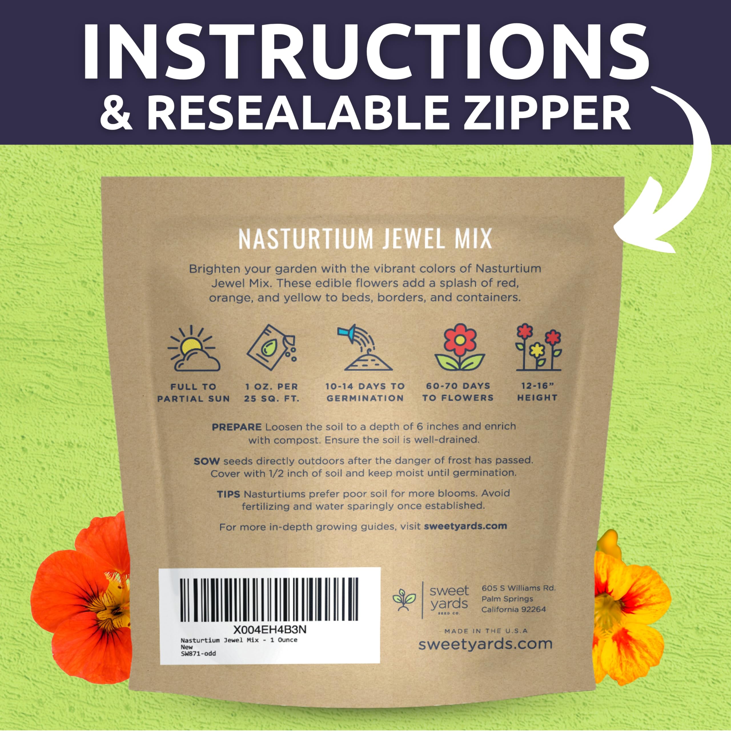 Sweet Yards Nasturtium Jewel Mix performs well in containers and garden borders.