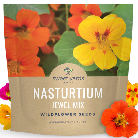 Sweet Yards Nasturtium Jewel Mix packet with extensive seed quantity for a colorful garden start.