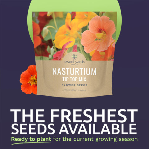 SWEET YARDS Nasturtium Tip Top Mix flowers image shows orange, yellow, and red blooms.