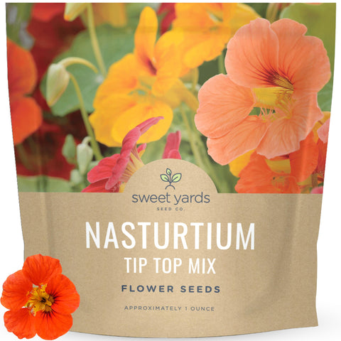 SWEET YARDS Nasturtium Tip Top Mix packaging image highlights gift-ready seeds for gardeners.