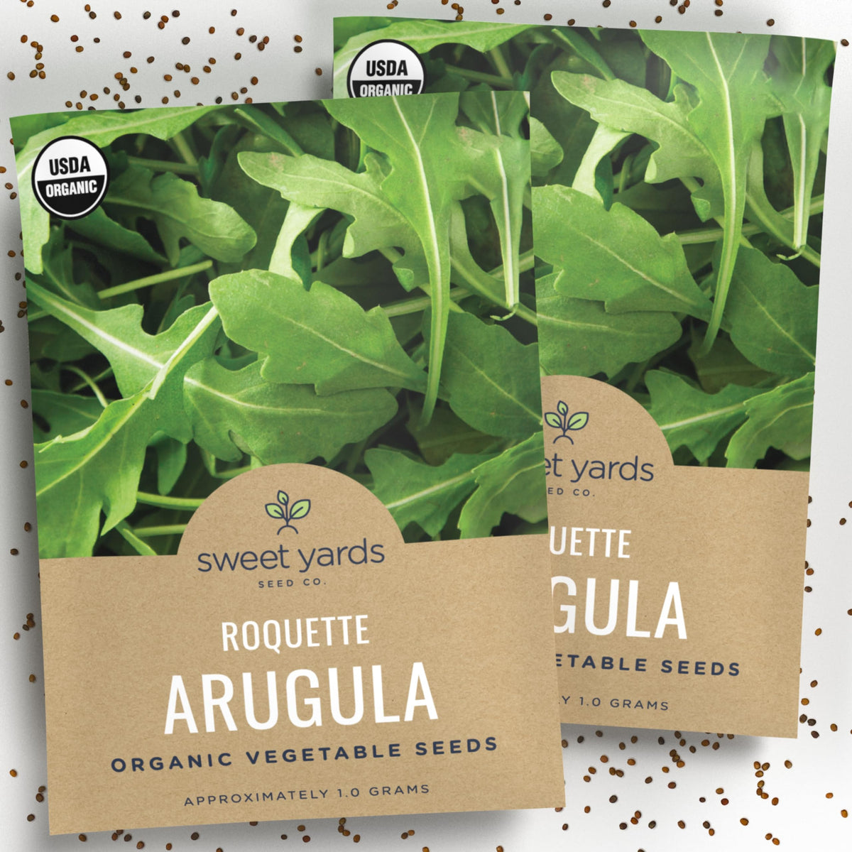Sweet Yards Organic Arugula Seeds packet front with premium packaging.
