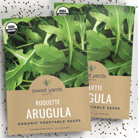 Sweet Yards Organic Arugula Seeds packet front with premium packaging.