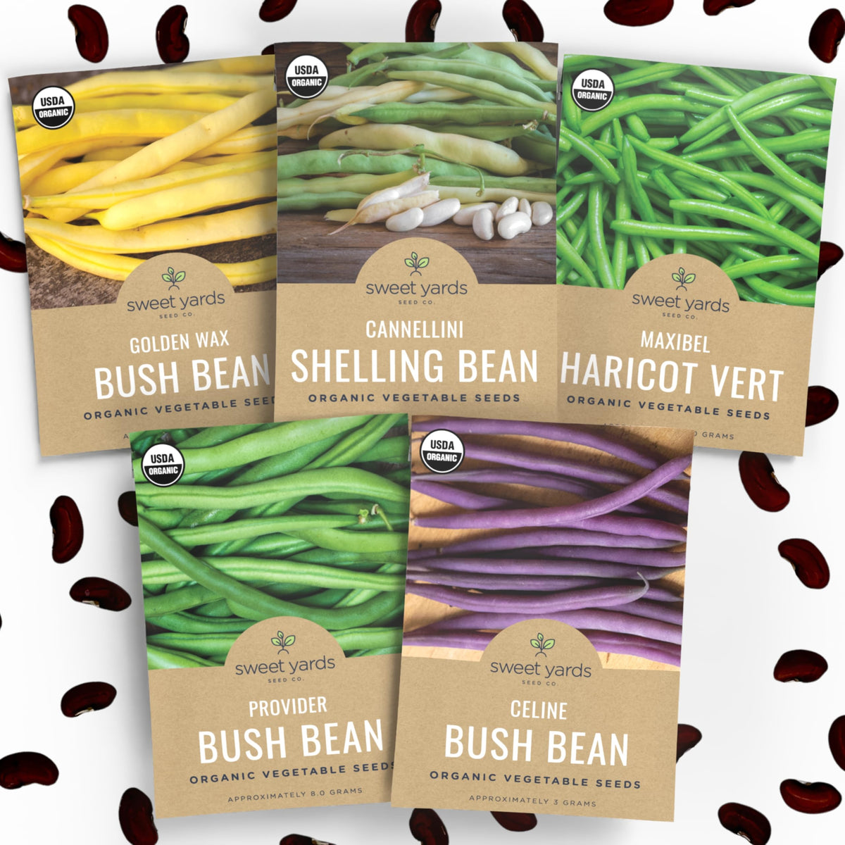 Sweet Yards Organic bean seeds variety pack featuring Golden Wax Bush beans for home gardening and fresh harvests
