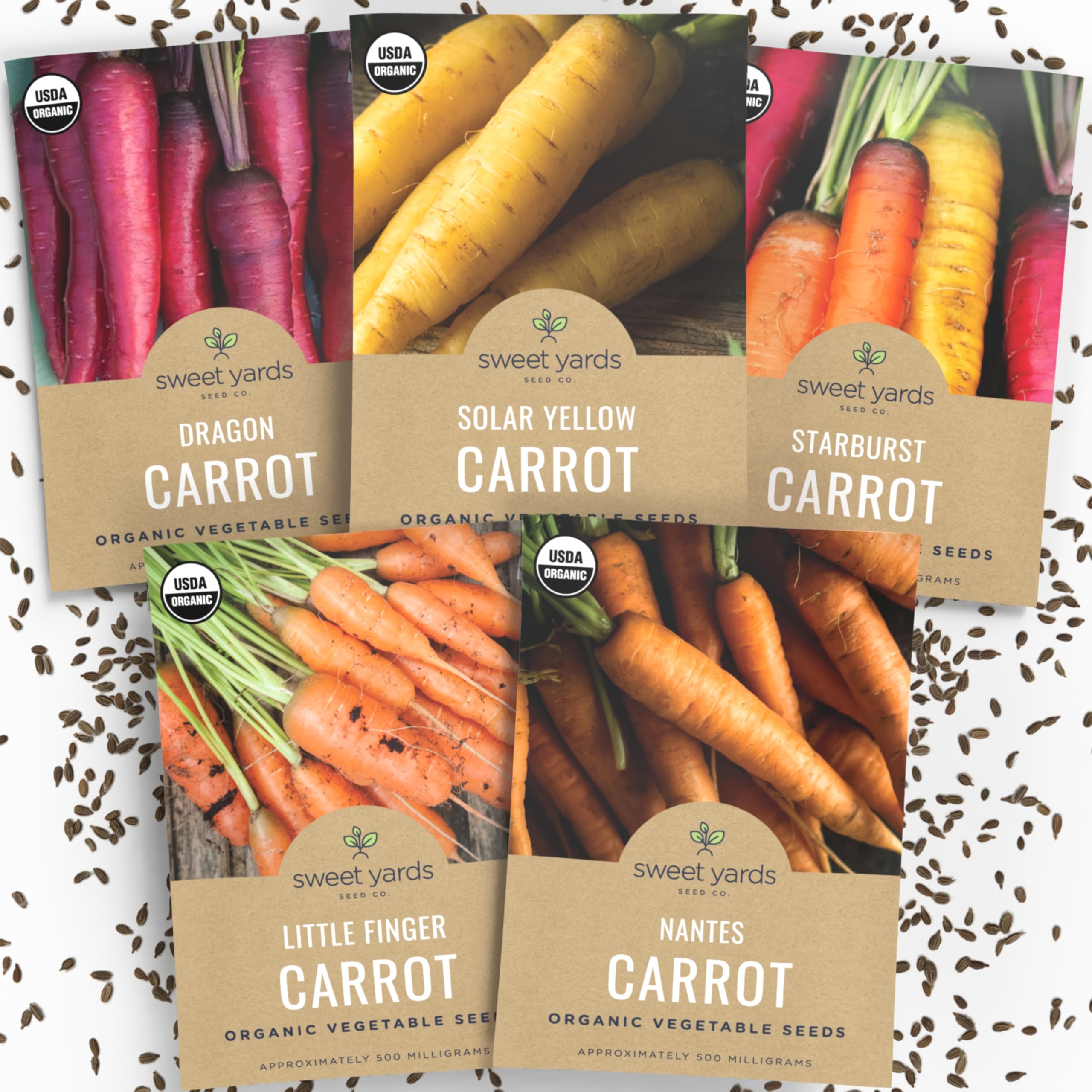 Sweet Yards organic carrot seed pack with planting guide and storage zipper.