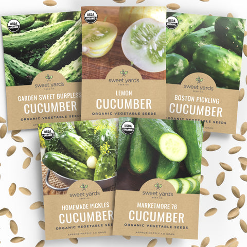 Sweet Yards organic cucumber seeds variety pack offers diverse harvest options for fresh eating and pickling.