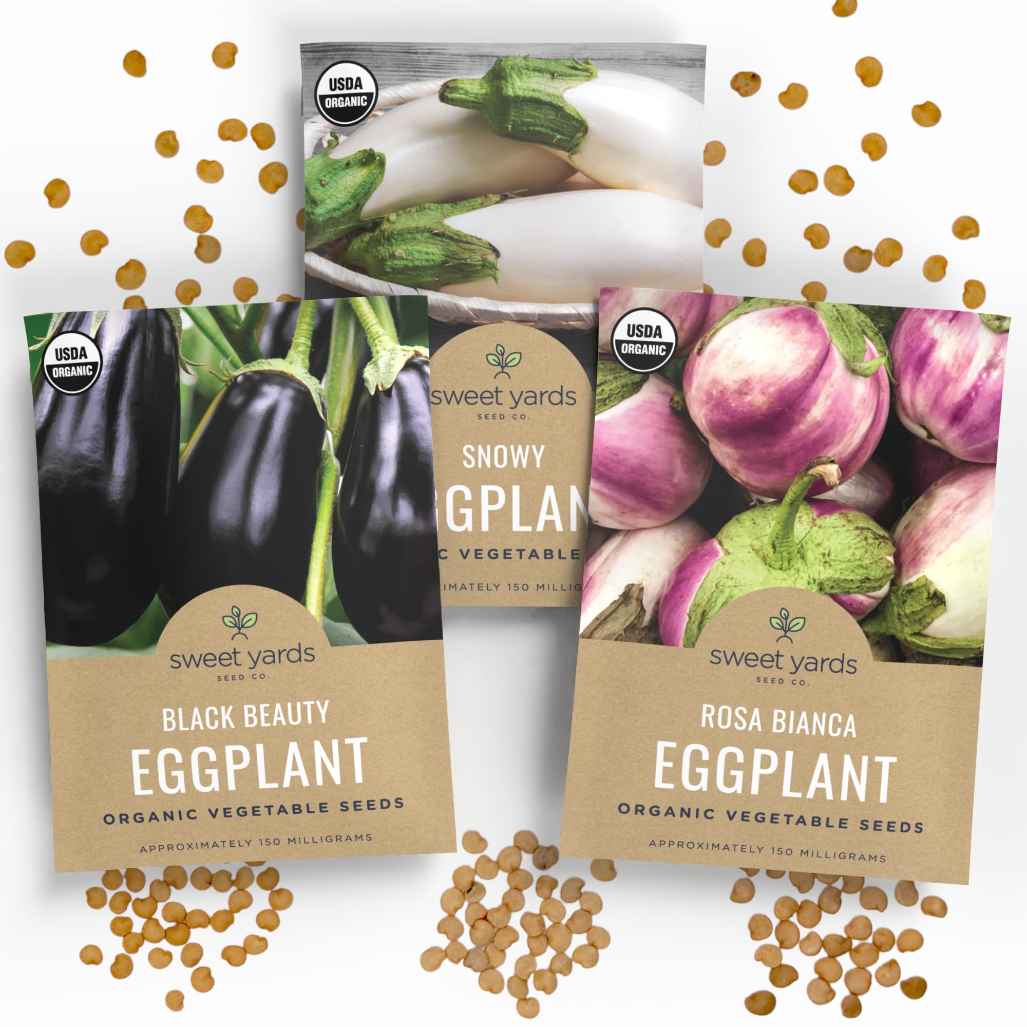 SWEET YARDS Organic Eggplant Seeds Variety Pack front view for home gardening.