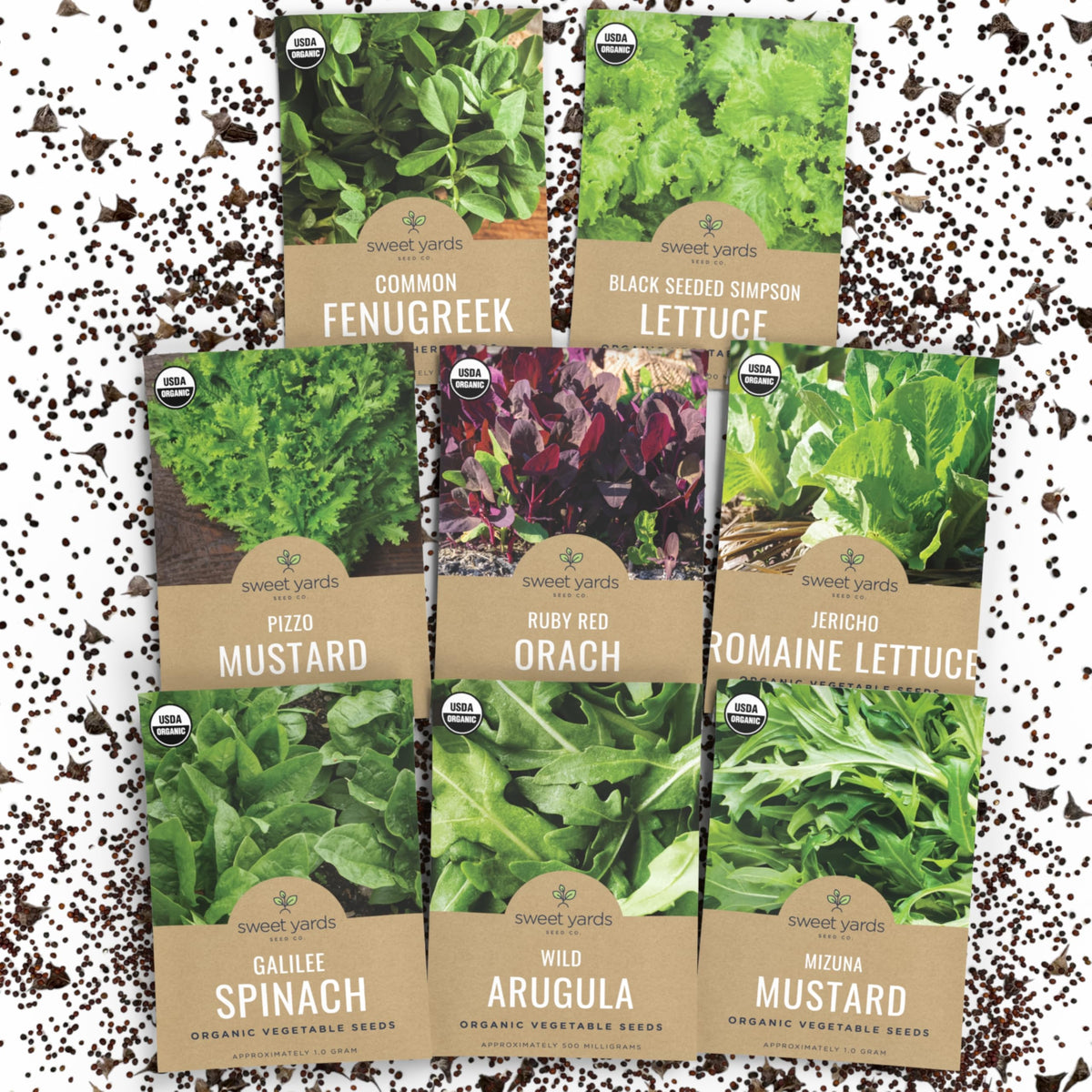 Sweet Yards organic heat-tolerant lettuce pack front view for warm-season gardening.