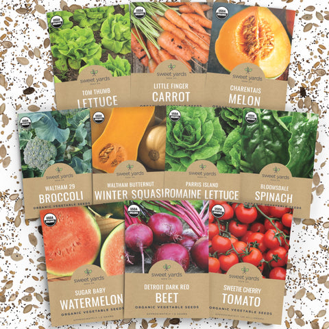 Sweet Yards organic heirloom seeds pack front view for a vibrant home garden