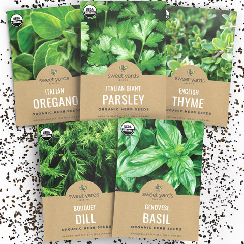 Sweet Yards Organic Herb Seeds Variety Pack cover image showing five seed packets for home gardening.