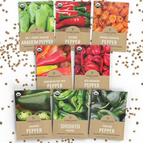 Sweet Yards Organic Hot Pepper Seeds Variety Pack packaging for gifting and storage
