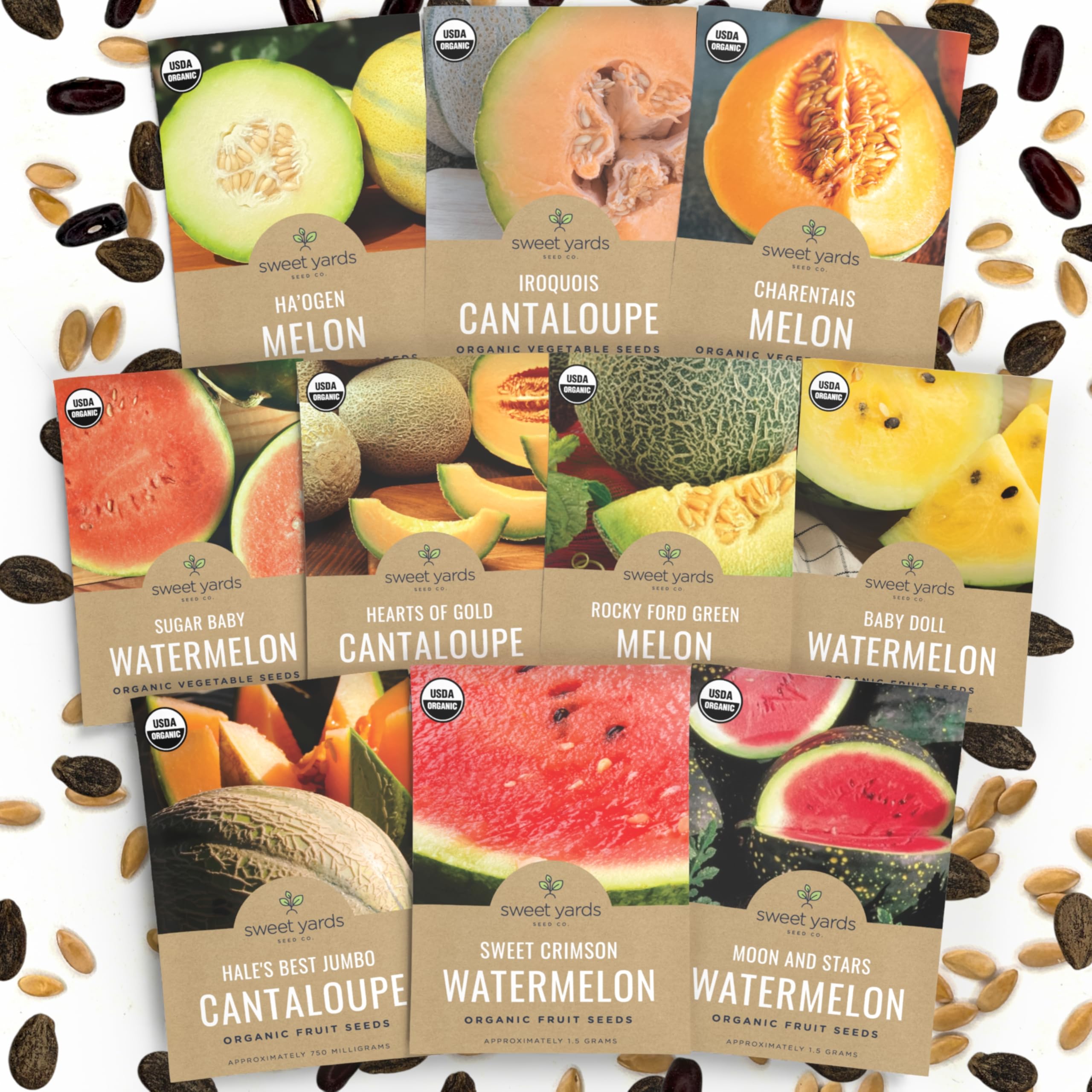 Sweet Yards Organic Melon Seeds Packaging Front for premium non-GMO seed stock