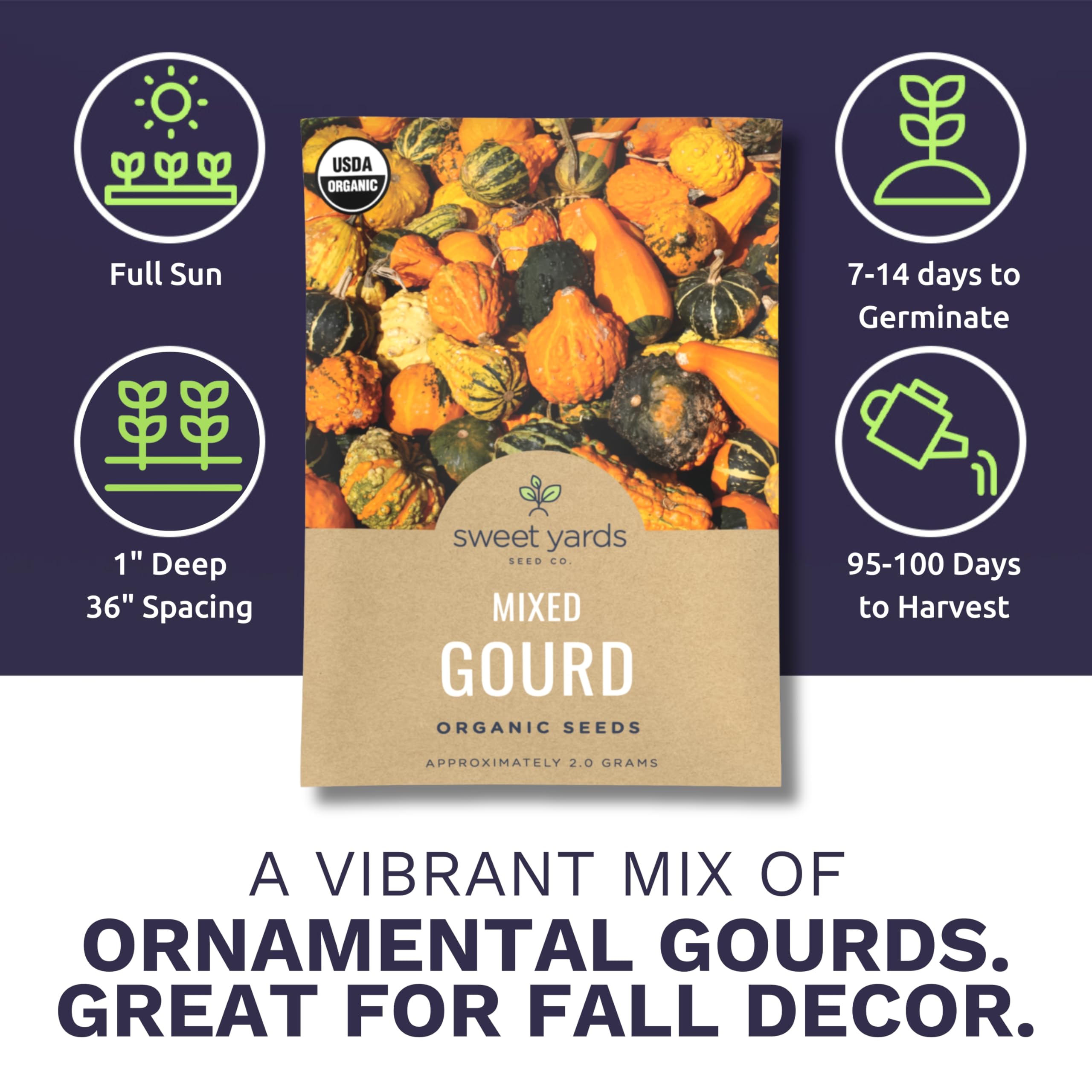 Sweet Yards Organic Mixed Gourd Seeds back displays planting instructions for versatile garden spots.