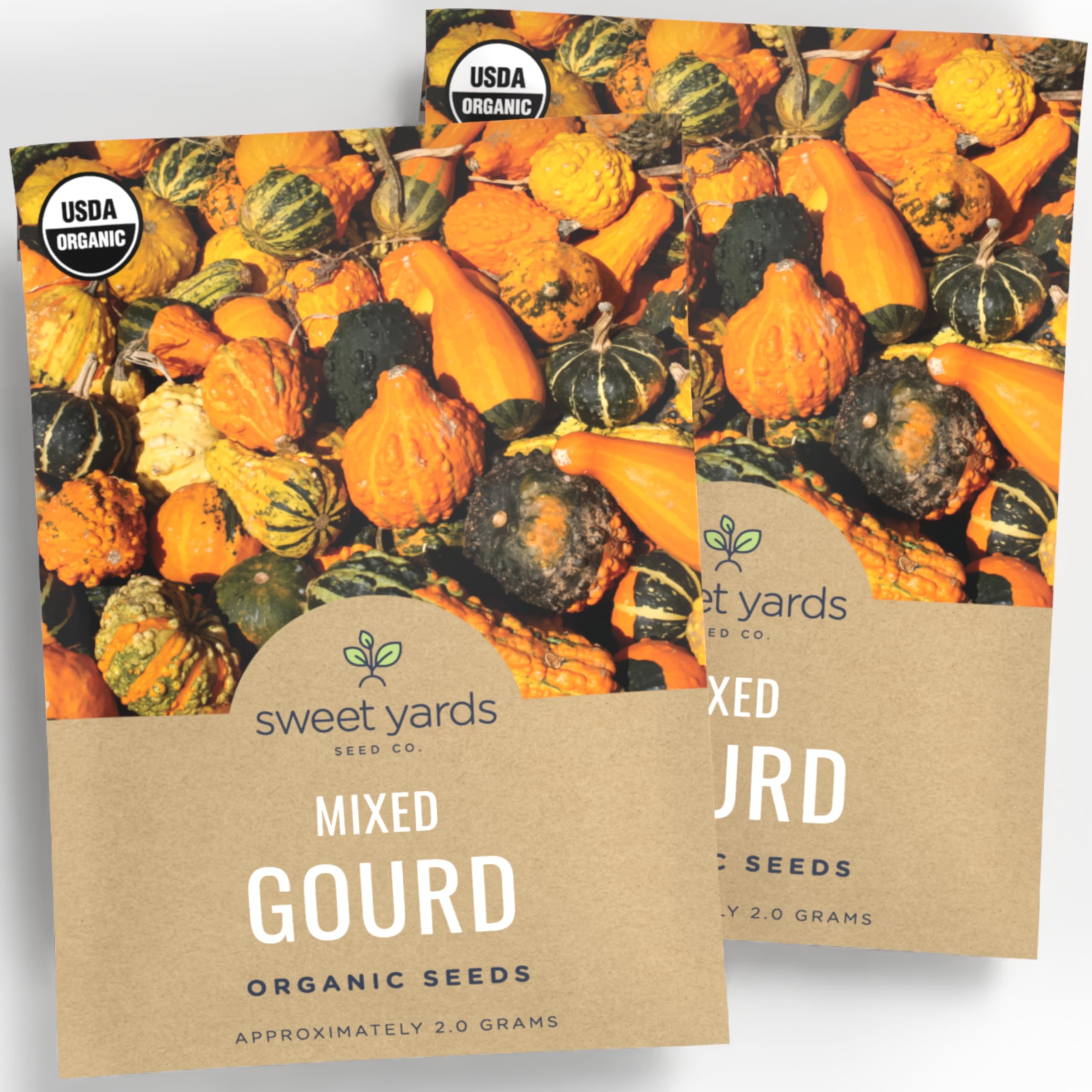 Sweet Yards Organic Mixed Gourd Seeds pack front shows premium packaging for gifting and easy planting.