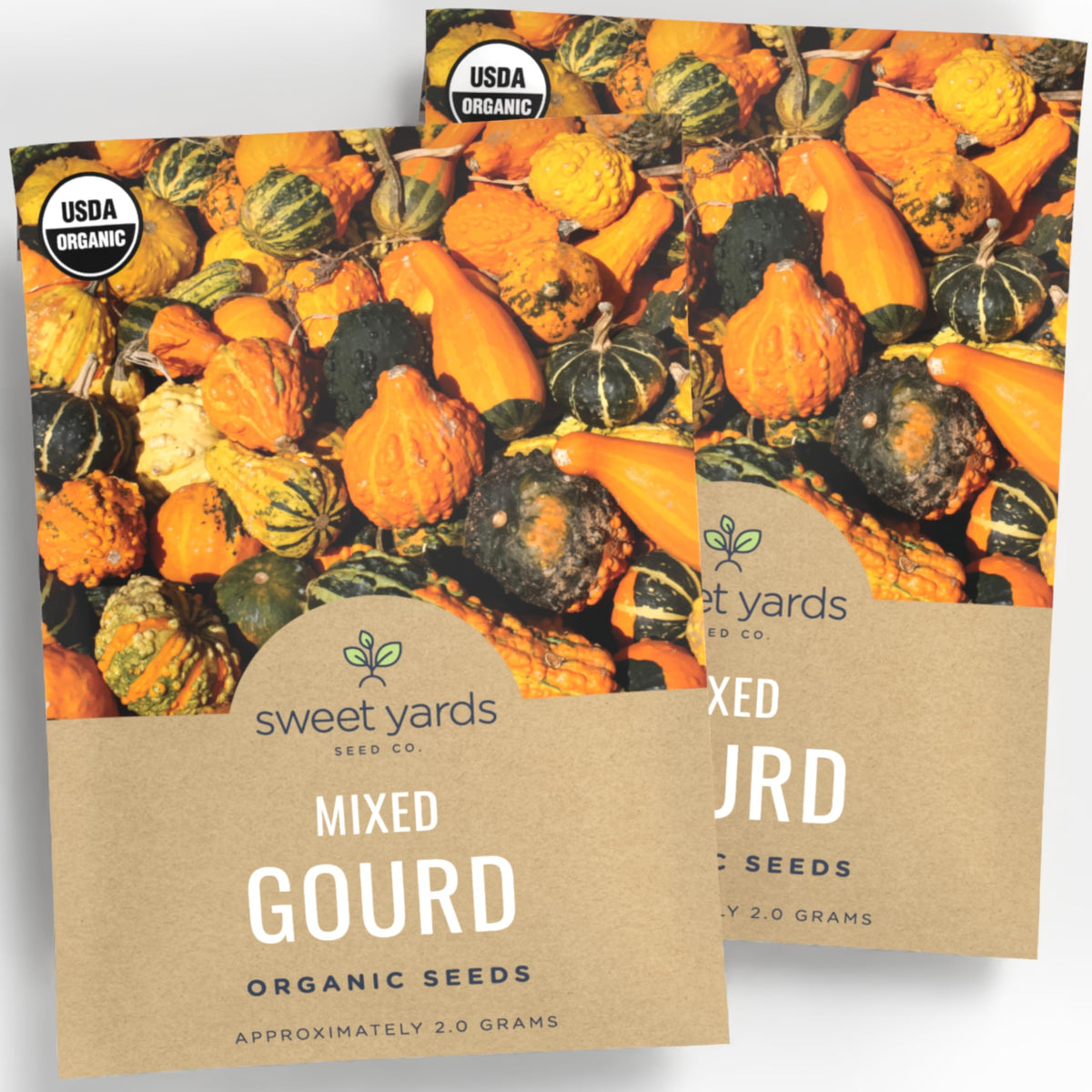 Sweet Yards Organic Mixed Gourd Seeds pack front shows premium packaging for gifting and easy planting.