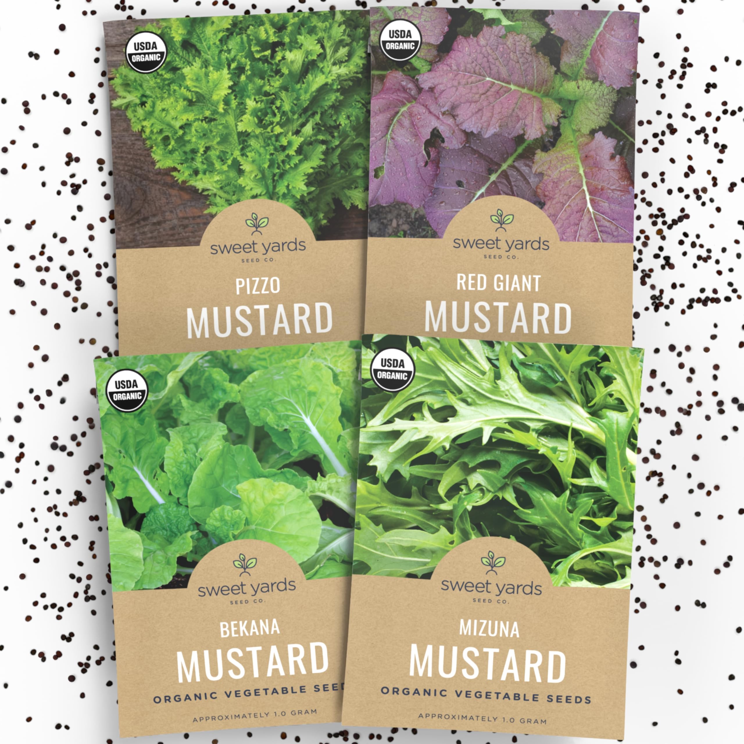 Sweet Yards Organic Mustard Greens Variety Pack cover shows the 2026 seed collection for home gardens.