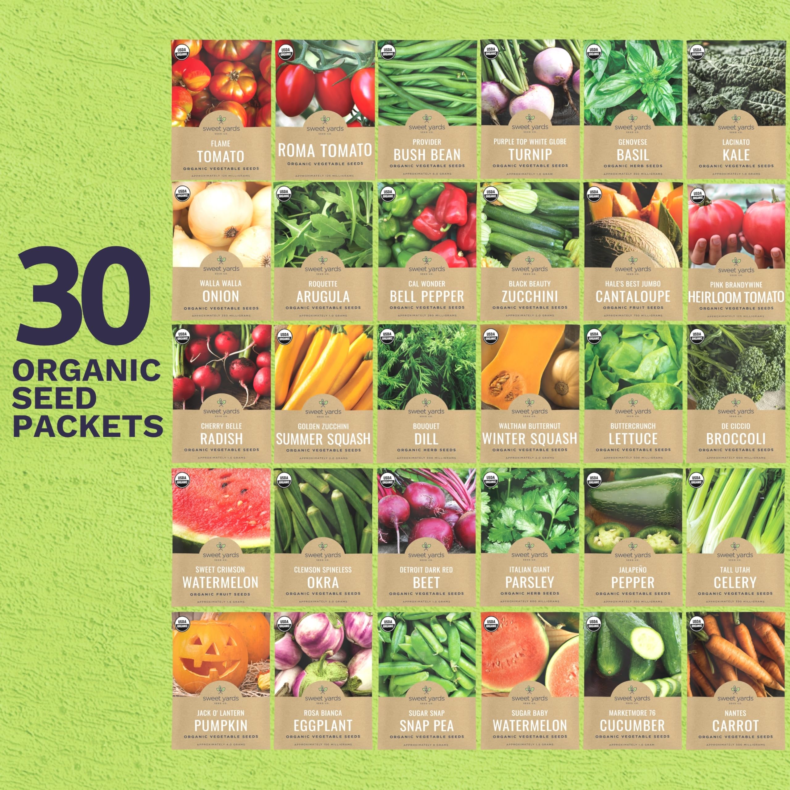 Sweet Yards 30 seed packets offer diverse crops for home gardens.