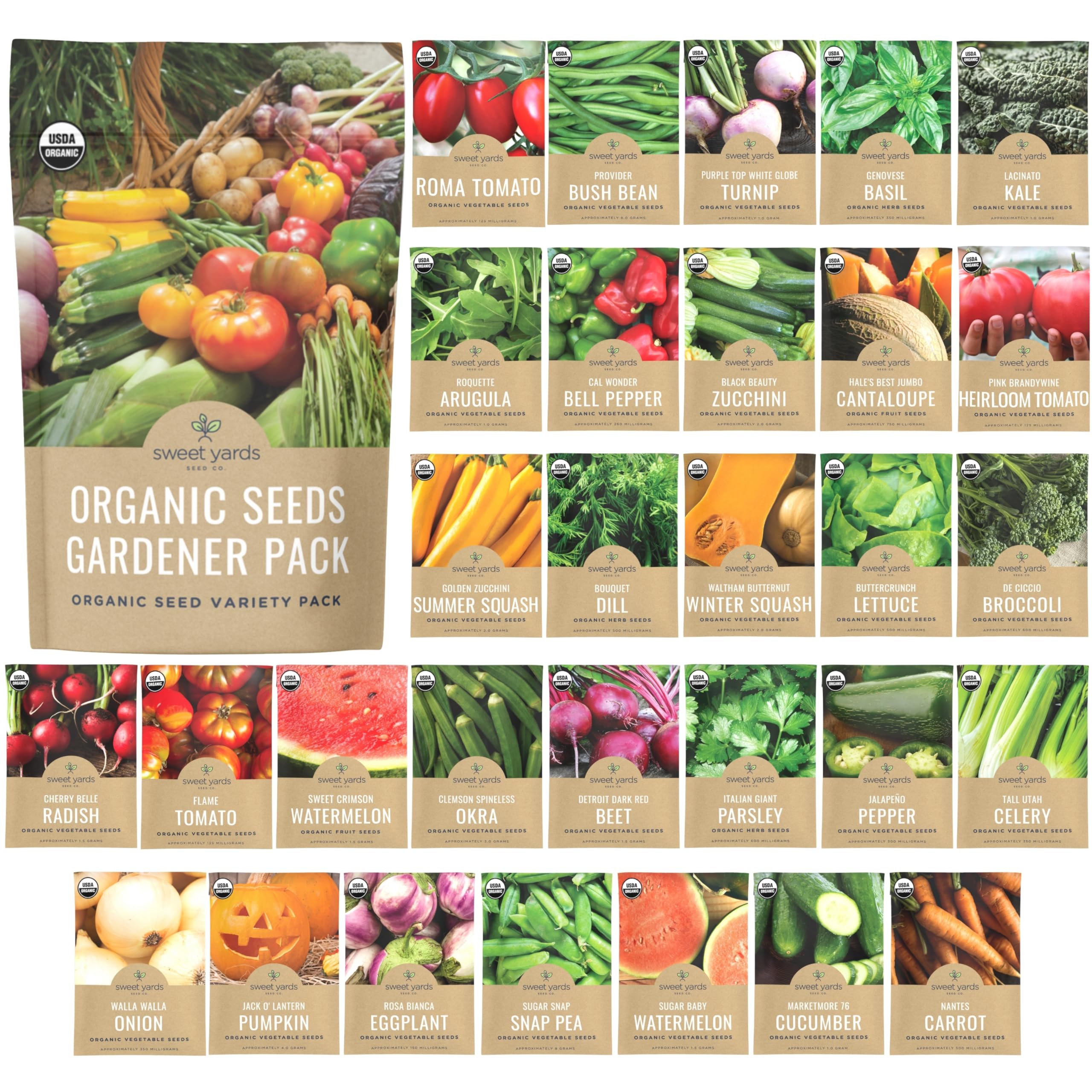 Sweet Yards organic seeds gardener variety pack cover with premium packaging.