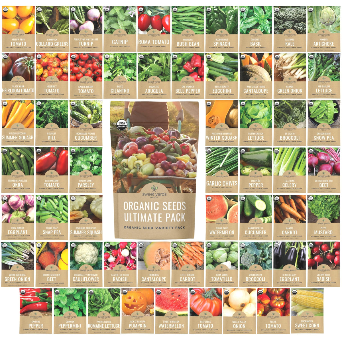 Sweet Yards Organic Seeds Ultimate Variety Pack with 60 packets for versatile, home garden planning.
