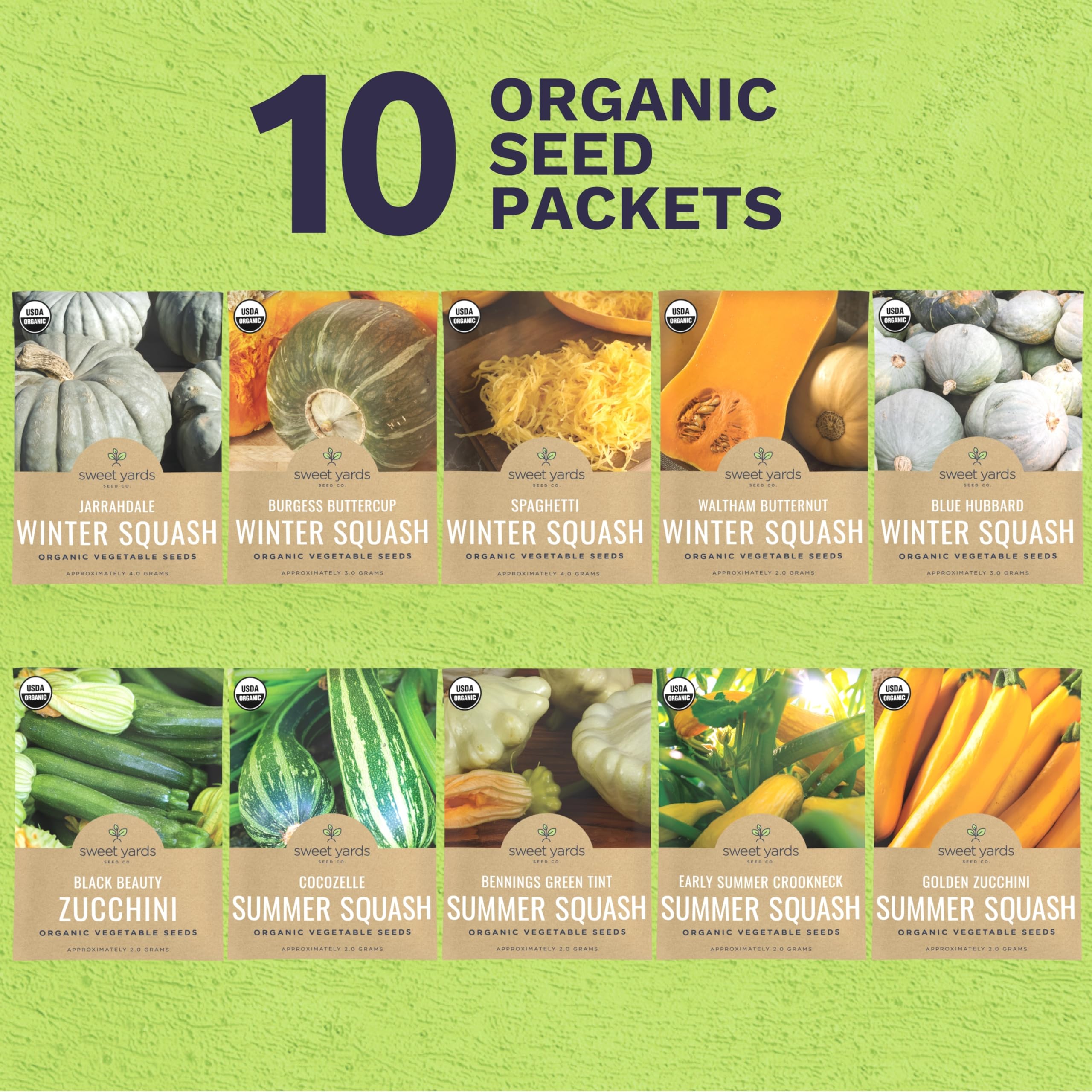 Sweet Yards Organic Squash Seeds 10 packets packaging shows labeled varieties for easy planning.
