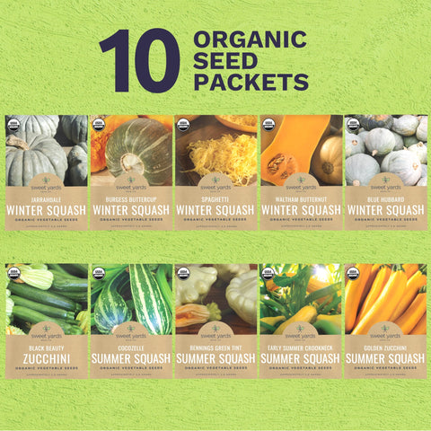 Sweet Yards Organic Squash Seeds 10 packets packaging shows labeled varieties for easy planning.