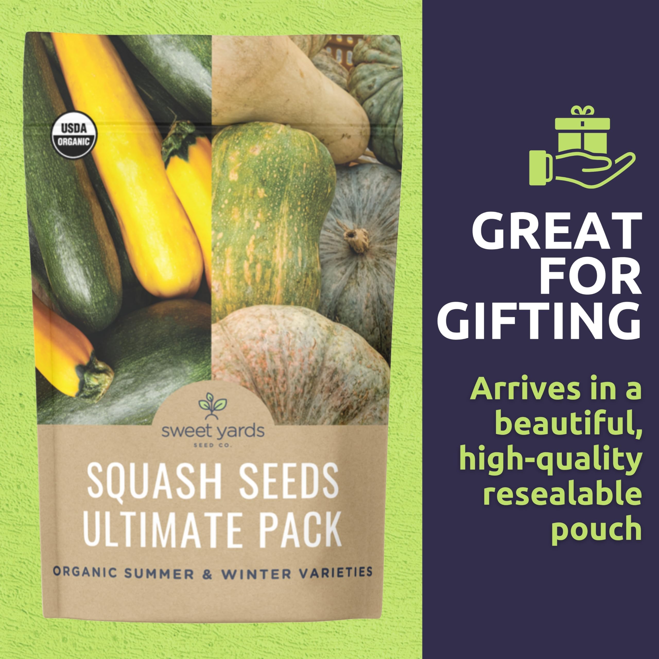 Sweet Yards Organic Squash Seeds filled packets ready for quick garden planning.
