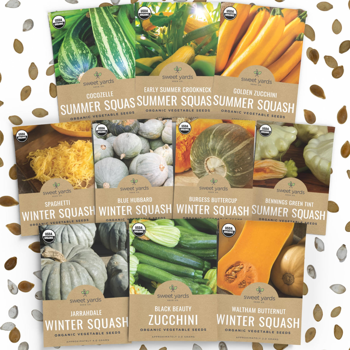 Sweet Yards Organic Squash Seeds Variety Pack front view for convenient seasonal planting.