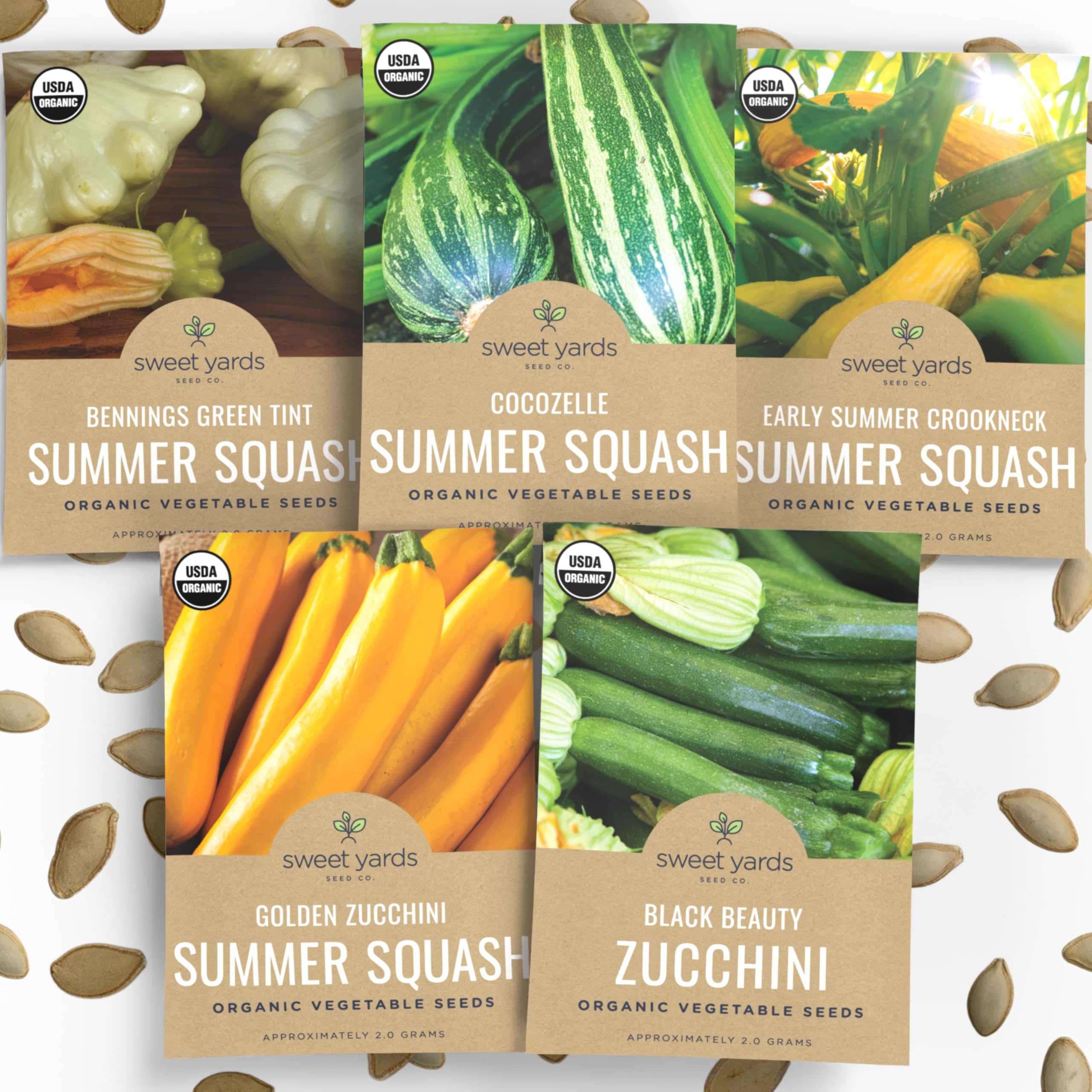 Sweet Yards organic summer squash seeds pack cover for planning a vibrant harvest