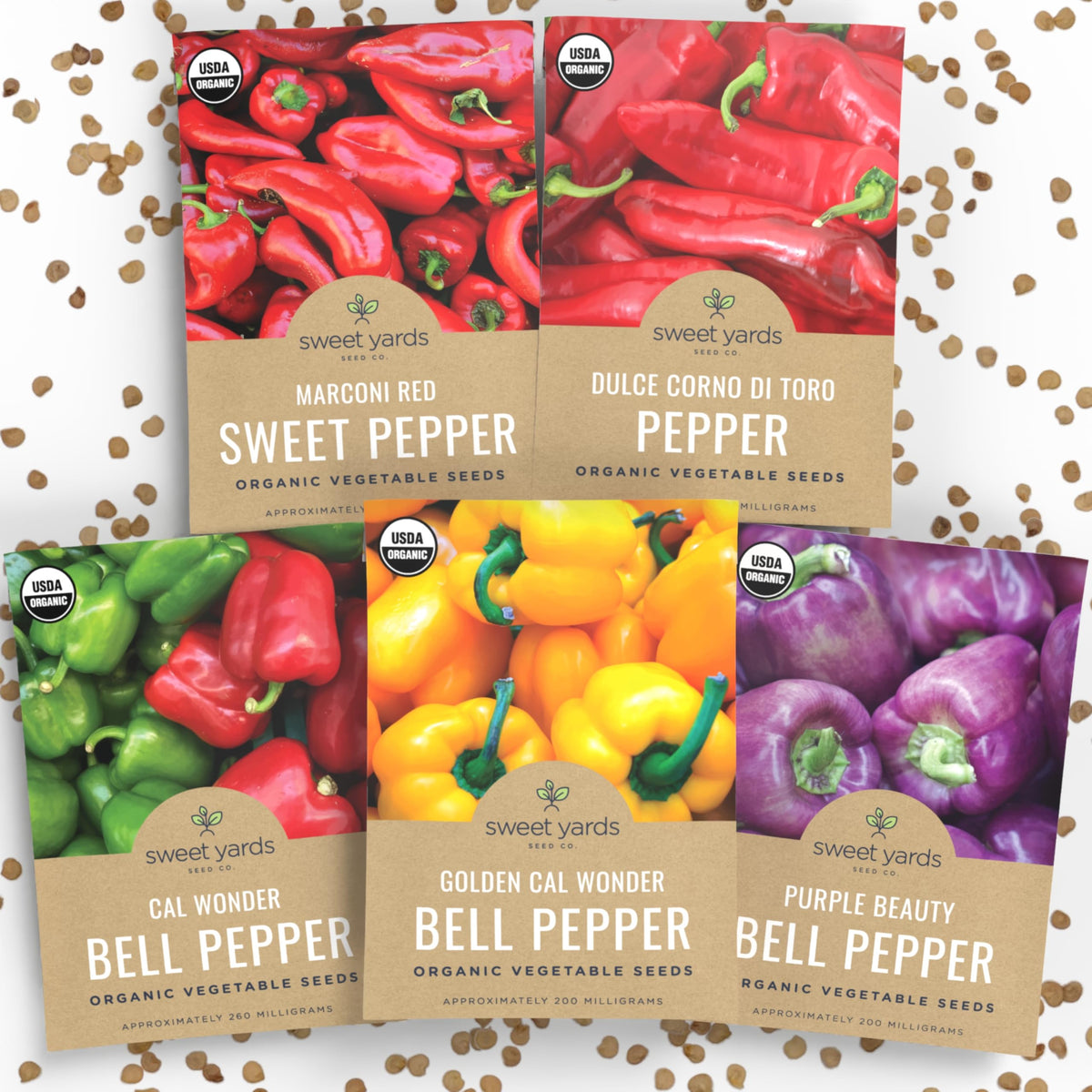 SWEET YARDS organic sweet pepper seed packets group for a colorful garden