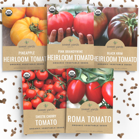 Sweet Yards organic tomato seed packaging shown for gifting and storage.