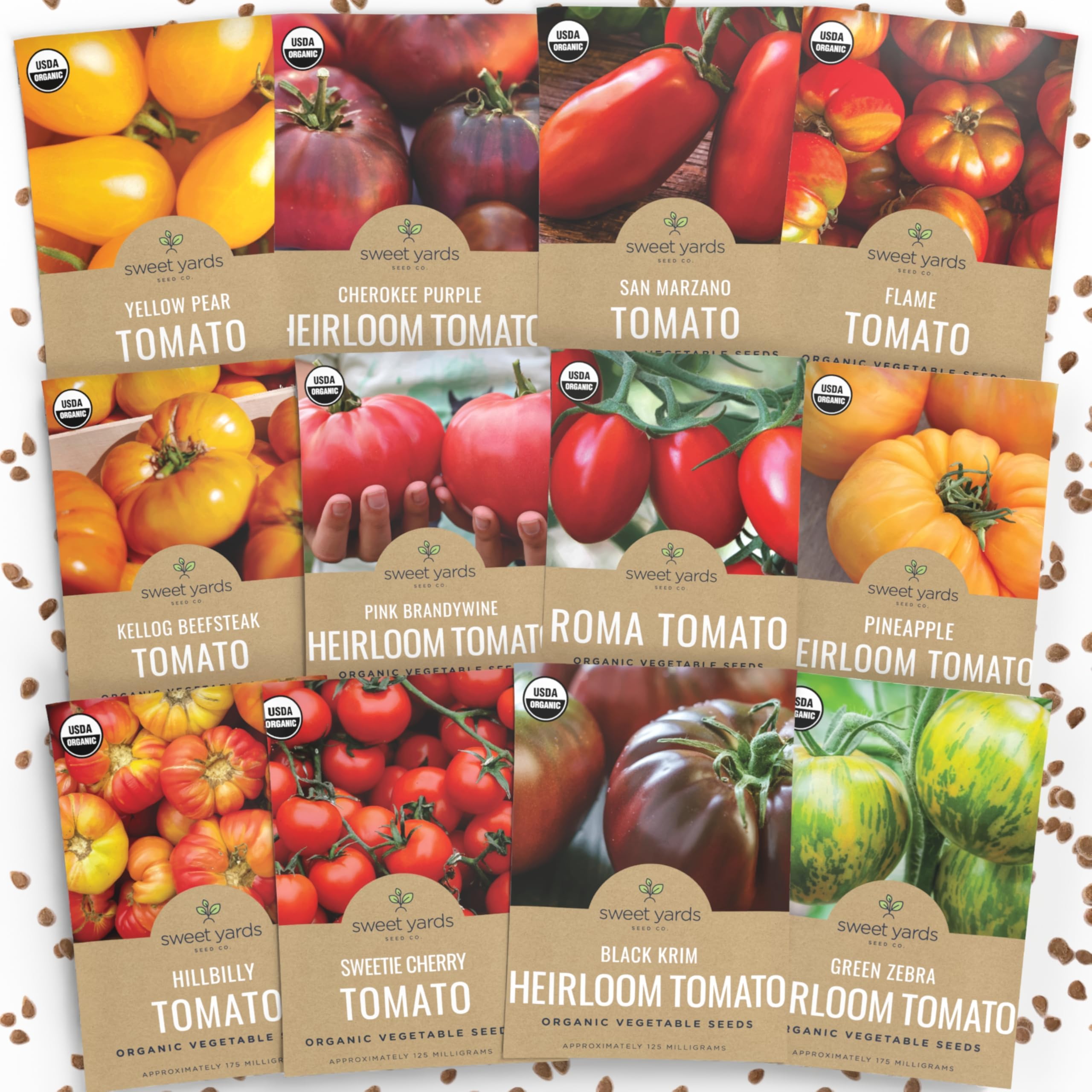 SWEET YARDS organic tomato seeds variety pack packets shown for home gardens and planning