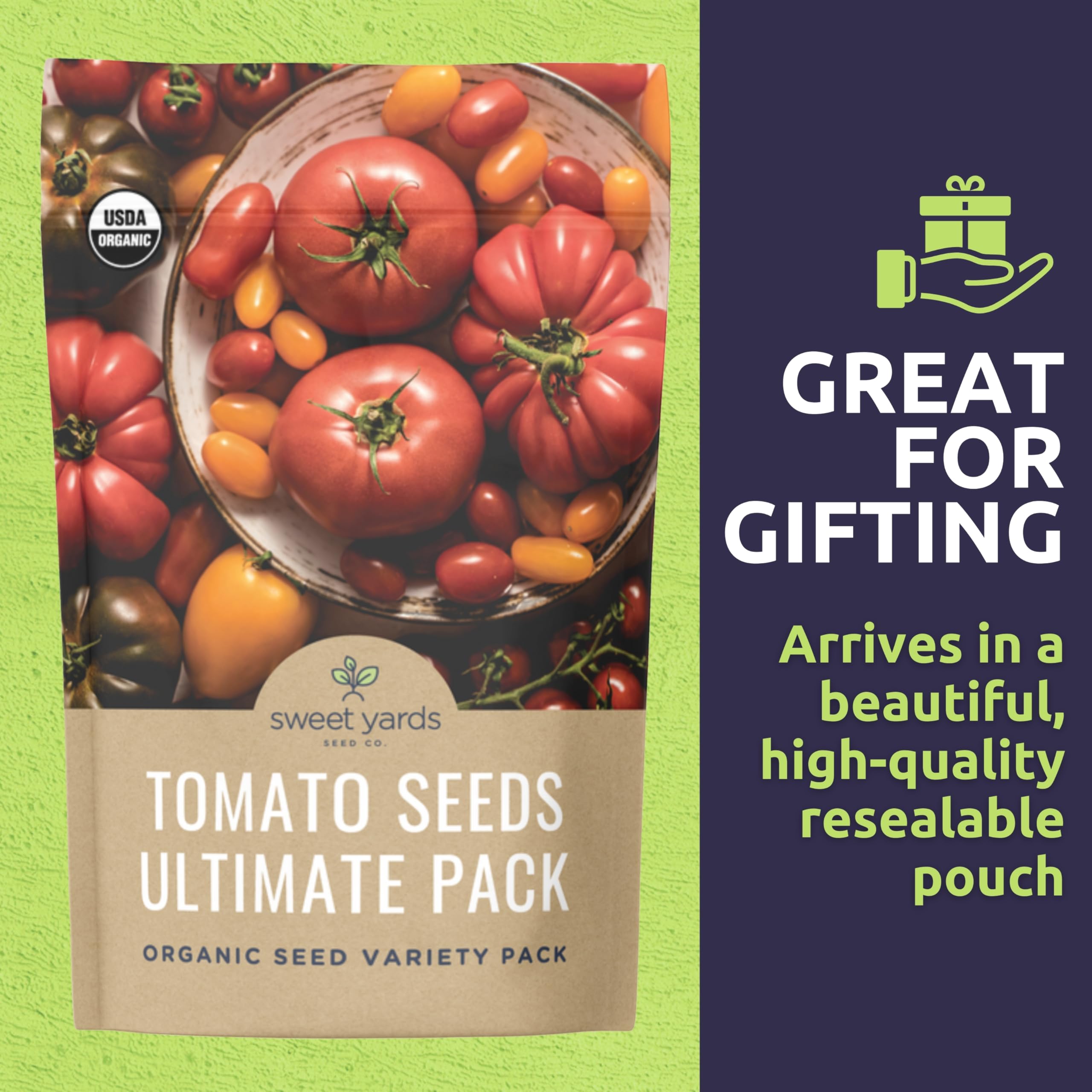 Sweet Yards Organic Tomato Ultimate San Marzano seed packet for classic sauces.