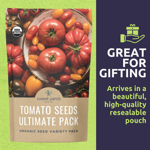Sweet Yards Organic Tomato Ultimate San Marzano seed packet for classic sauces.