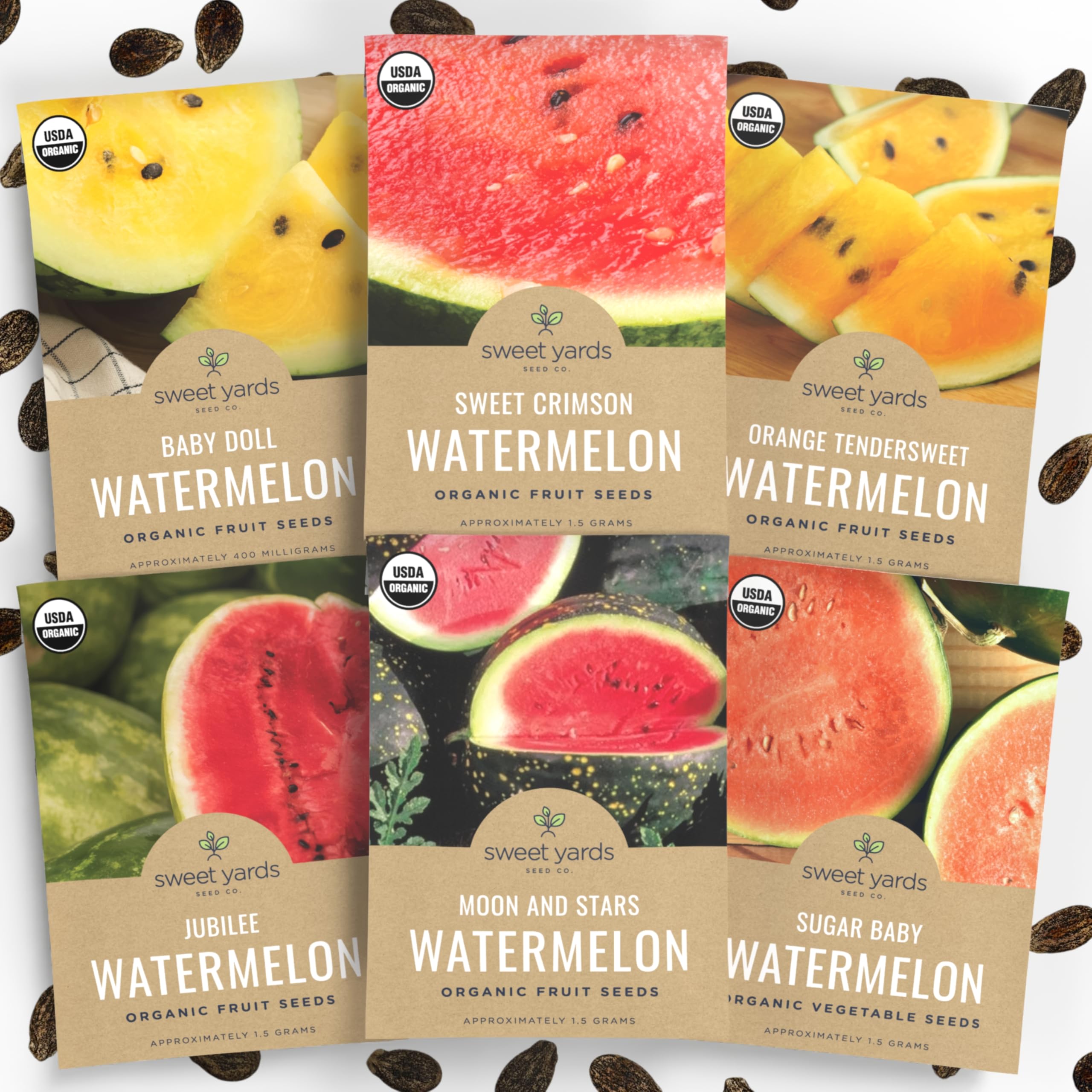 Sweet Yards organic watermelon seeds pack front for diverse garden harvests this season.