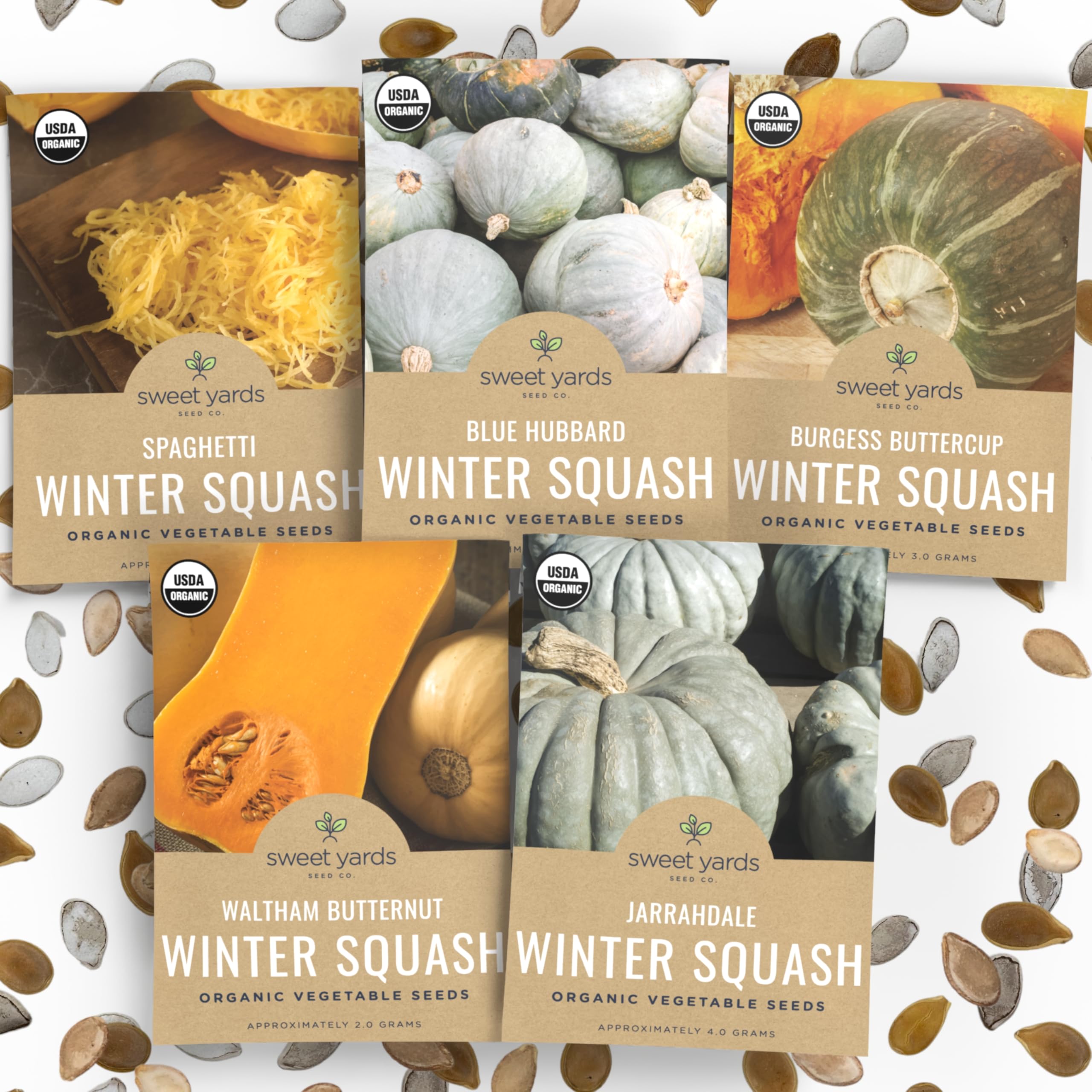 Sweet Yards Organic Winter Squash Variety Pack showing diverse seeds for a bountiful harvest.